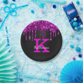 黒ガーリーネオンプラムグリッタードリップスモノグラム名 ペーパープレート (パーティー)