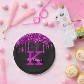 黒ガーリーネオンプラムグリッタードリップスモノグラム名 ペーパープレート (パーティー)