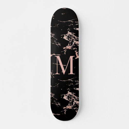 黒ガーリー大理石バラ金箔モノグラム スケートボード (正面)