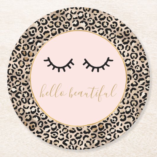 黒ガーリー睫毛金ゴールドグラムヒョウ柄 ラウンドペーパーコースター (正面)