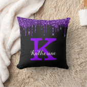 黒ガーリー紫グリッタードリップモノグラム名 クッション (ブランケット)