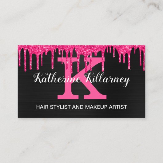 黒ガーリー色ホットピンクグリッタードリップシックモノグラム 名刺 (正面)