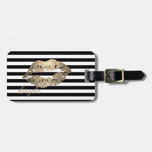 黒ガーリー色、白いストライプ唇、キラキラ輝く唇 ラゲッジタグ (正面横)