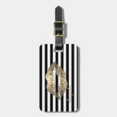 黒ガーリー色、白いストライプ唇、キラキラ輝く唇 ラゲッジタグ (正面縦)