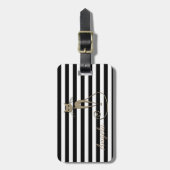 黒ガーリー色、白ストライプ色、キラキラ猫 ラゲッジタグ (正面縦)