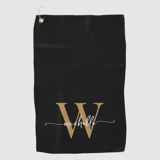 黒ガーリー金ゴールドモノグエレガントラム名スクリプト ゴルフタオル (正面)
