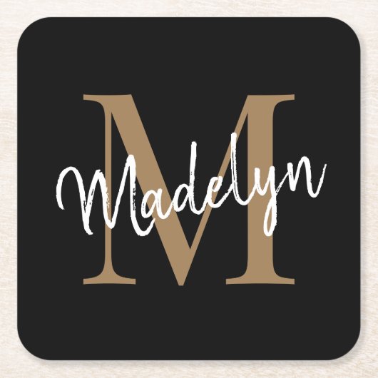 黒ガーリー金ゴールドモノグラムエレガントスクリモダンプト スクエアペーパーコースター (正面)