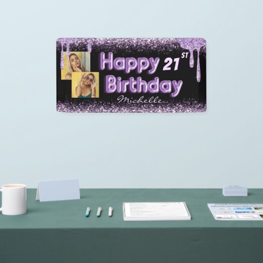 黒ガーリー&紫グリッター任意の誕生日バナー 横断幕 (トレードショー)