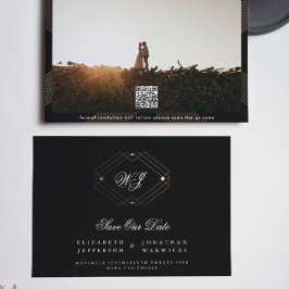 黒クラシックデコ金ゴールドモノグラム写真qrコード セーブザデート