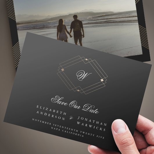 黒クラシックヴィンテージデコ金ゴールドモノグラム幾何学 セーブザデート