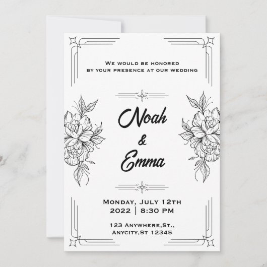 黒クラシック白結婚式招待状 招待状 (正面)