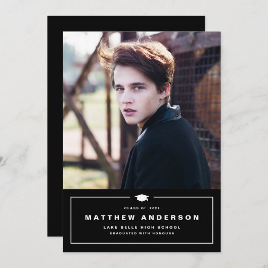 黒クラシック色卒業キャップ写真卒業 案内状 (正面/裏面)