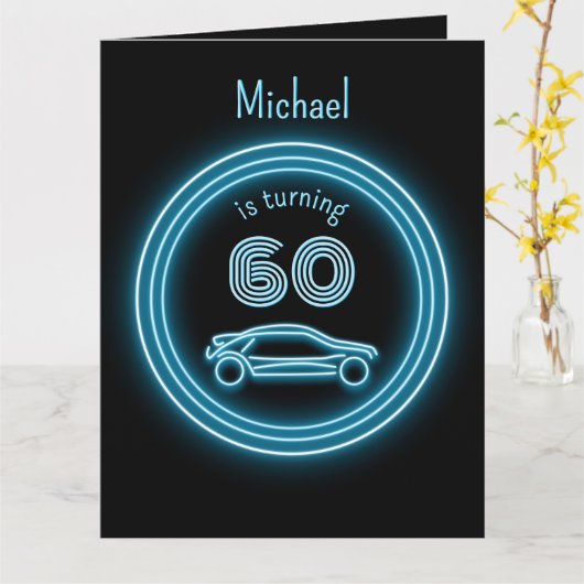 黒クールとネオンルックブルーレーサー男性へ カード (黄色い花)