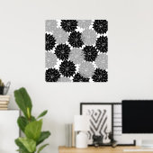 黒クールと灰色の花のフローラプリント ポスター (ホームオフィス)