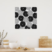 黒クールと灰色の花のフローラプリント ポスター (キッチン)
