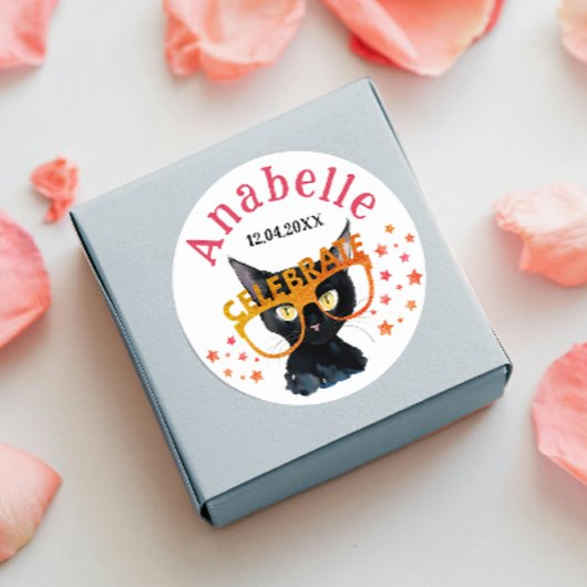 黒クールガーリー猫赤オレンジ色グリッター水彩 ラウンドシール