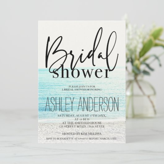 黒クールタイポグラフィビーチブライダルシャワー 招待状 (スタンド正面)