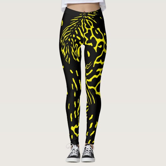 黒クール黄抽象芸術アニマルプリントパターン レギンス (正面)