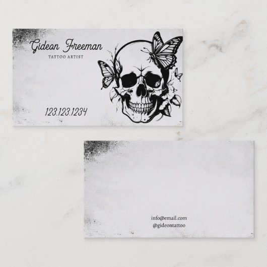 黒グランジと灰色のスカルと蝶タトゥー 名刺 (正面/裏面)