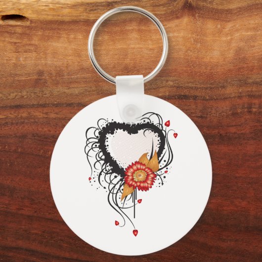 黒グランジスタイルハートと花 キーホルダー (正面)