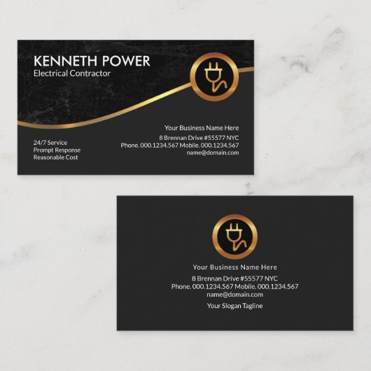 黒グランジ金ゴールド波電気請負業者 名刺 (正面/裏面)