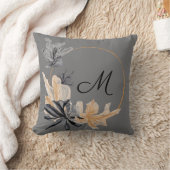 黒グレー金ゴールド花モノグラム枕 クッション (ブランケット)