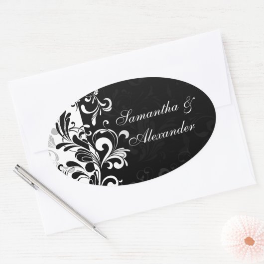 黒コンテンポラリーと白の渦巻き 楕円形シール (封筒)