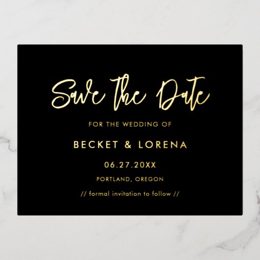 黒コンテンポラリーと金ゴールドフォイルカードの日付を保存 箔招待状ポストカード (正面)