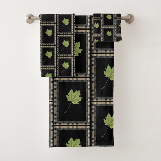 黒コンテンポラリーにモダン緑の葉 バスタオルセット (インサイチュ)