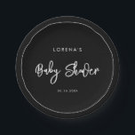 黒コンテンポラリーモダン赤ちゃんシャワー ペーパープレート<br><div class="desc">あなたのはっきりしたパーティー文房具のためのAとトレンディーのタイポグラフィシンプルが、黒と白のテーマとエレガント共に。完全にカスタマイズ：必要なフォントと背景の色を変更でもしきる。</div>