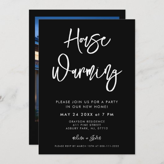 黒コンテンポラリー写真引っ越し祝いパーティーパーティー招待状 案内状 (正面/裏面)