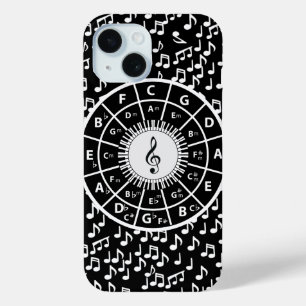 黒コンテンポラリー白の音楽ホイールデザイン iPhone 15ケース