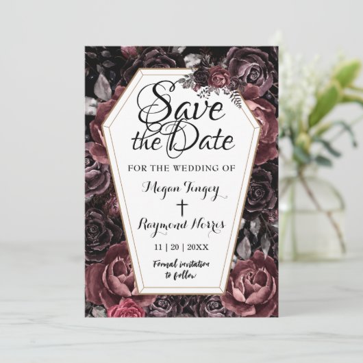 黒ゴシック様式の棺ビンテージ結婚式の日付保存 招待状 (スタンド正面)