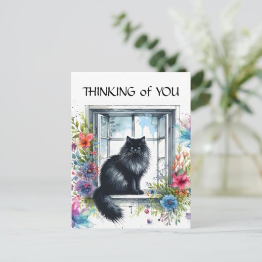 黒シベリア猫の窓の水カラーフローラ ポストカード (スタンド正面)