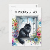 黒シベリア猫の窓の水カラーフローラ ポストカード (正面/裏面)