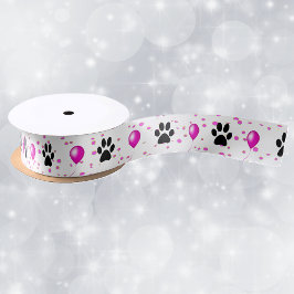黒シルエット猫の足がピンクの風船のドットをプリント サテンリボン