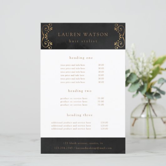 黒シルクの金ゴールドが華やかなサービスと価格フライヤー (スタンド正面)