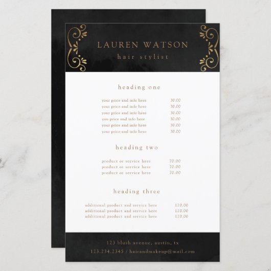 黒シルクの金ゴールドが華やかなサービスと価格フライヤー (正面/裏面)