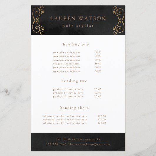 黒シルクの金ゴールドが華やかなサービスと価格フライヤー (正面)