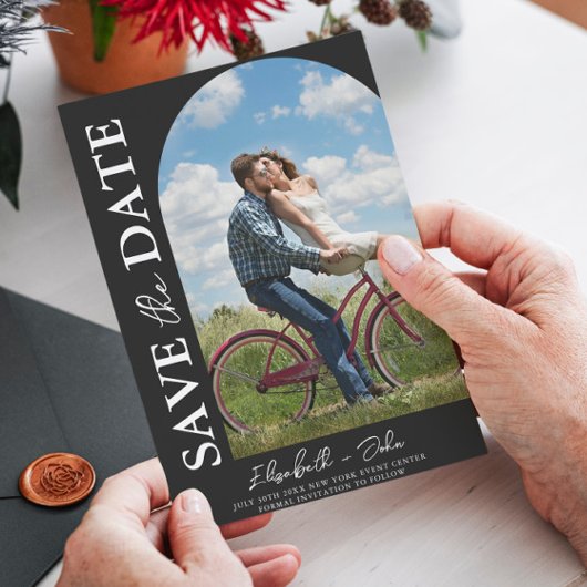 黒シンプルいアーチフォトウェディング日付を保存 セーブザデート