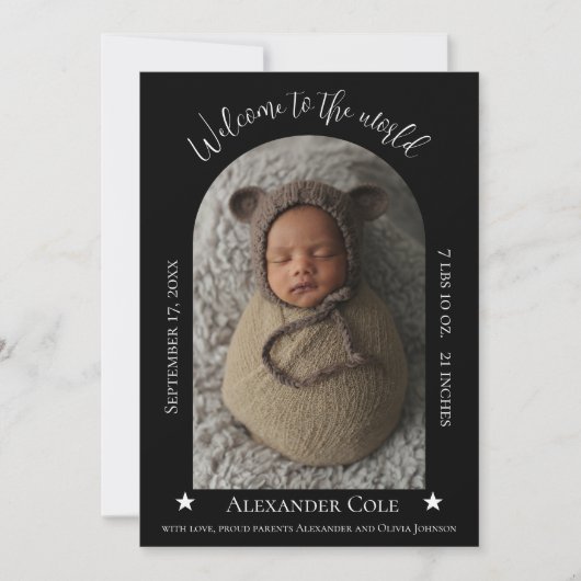 黒シンプルいアーチフレーム写真誕生のお知らせ 案内状 (正面)