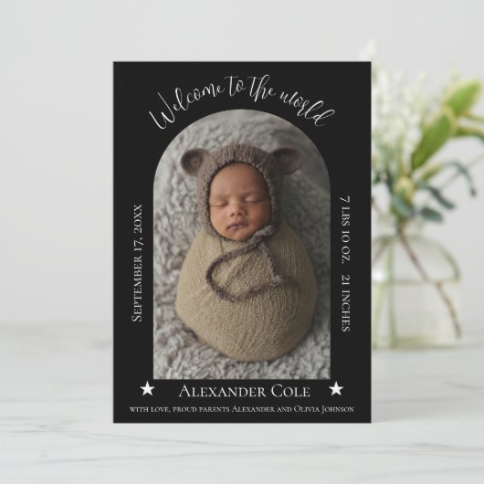 黒シンプルいアーチフレーム写真誕生のお知らせ 案内状 (スタンド正面)