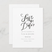 黒シンプルと白のスクリプト日付の保存 案内ポストカード (正面/裏面)