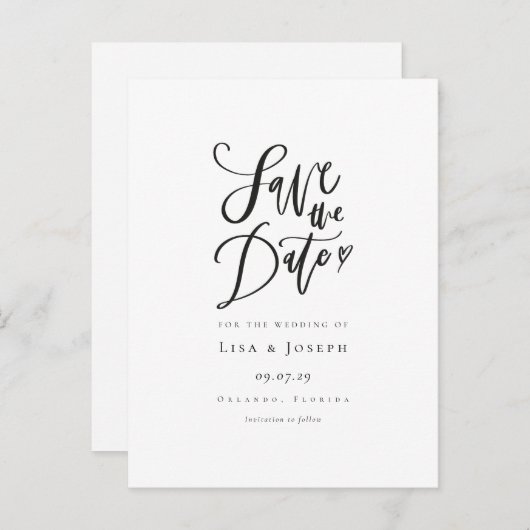 黒シンプルと白のスクリプト日付の保存 案内ポストカード (正面/裏面)