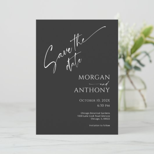 黒シンプルと白の写真日付の保存 セーブザデート (スタンド正面)