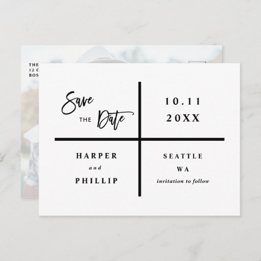 黒シンプルと白の写真日付を保存 ポストカード (正面/裏面)