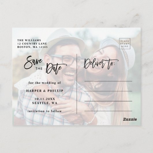 黒シンプルと白の写真日付を保存 ポストカード (裏面)