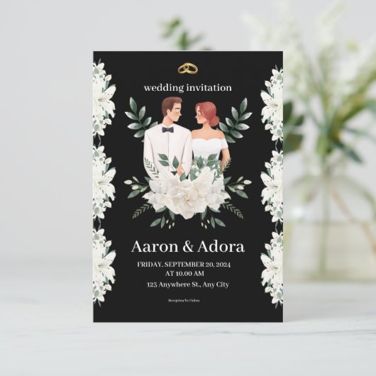 黒シンプルと緑のフローラ結婚式招待状 招待状 (スタンド正面)