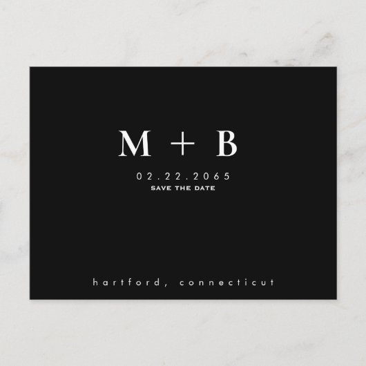 黒シンプルイニシャル結婚のQR日付の保存 ポストカード (正面)