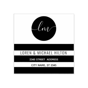 黒シンプル円ストライプモノグラムタイポグラフィ ラバースタンプ